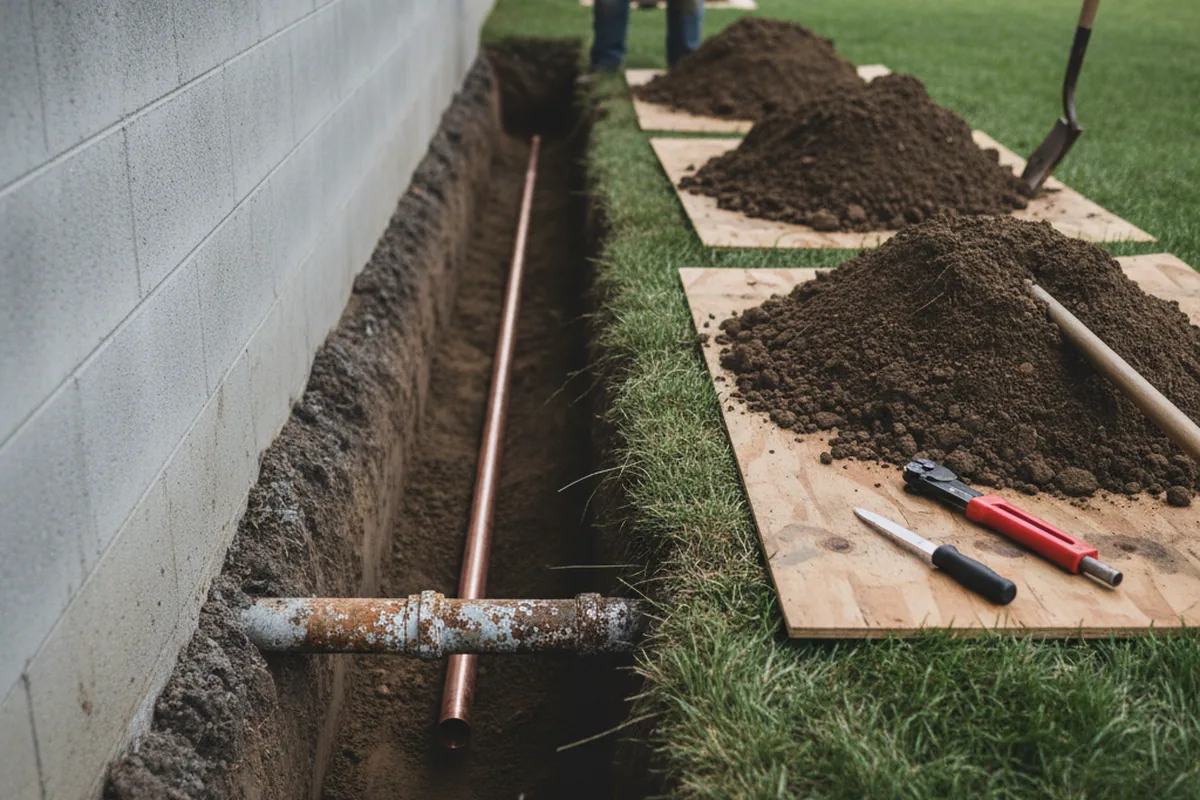 Excavated water line trench during Water Heater Repair in Robersonville